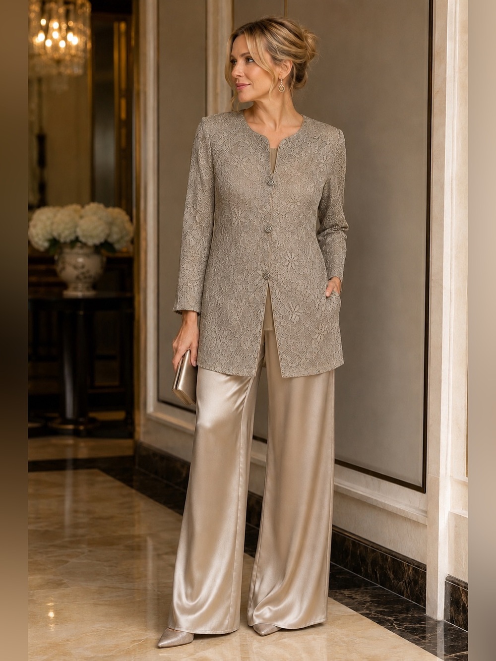 Elegant Taupe Lace-Detail Longline Blazer